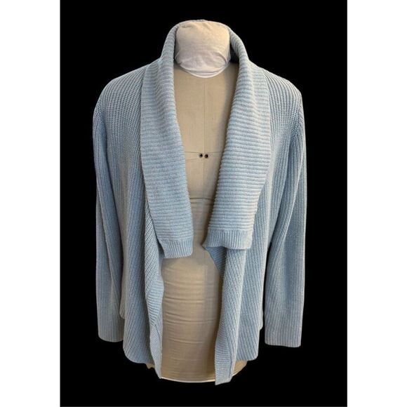 Charter Club Cardigan Open Front Shawl Collar Sz. L Metallic Threads Lt. Blue - Picture 2 of 13